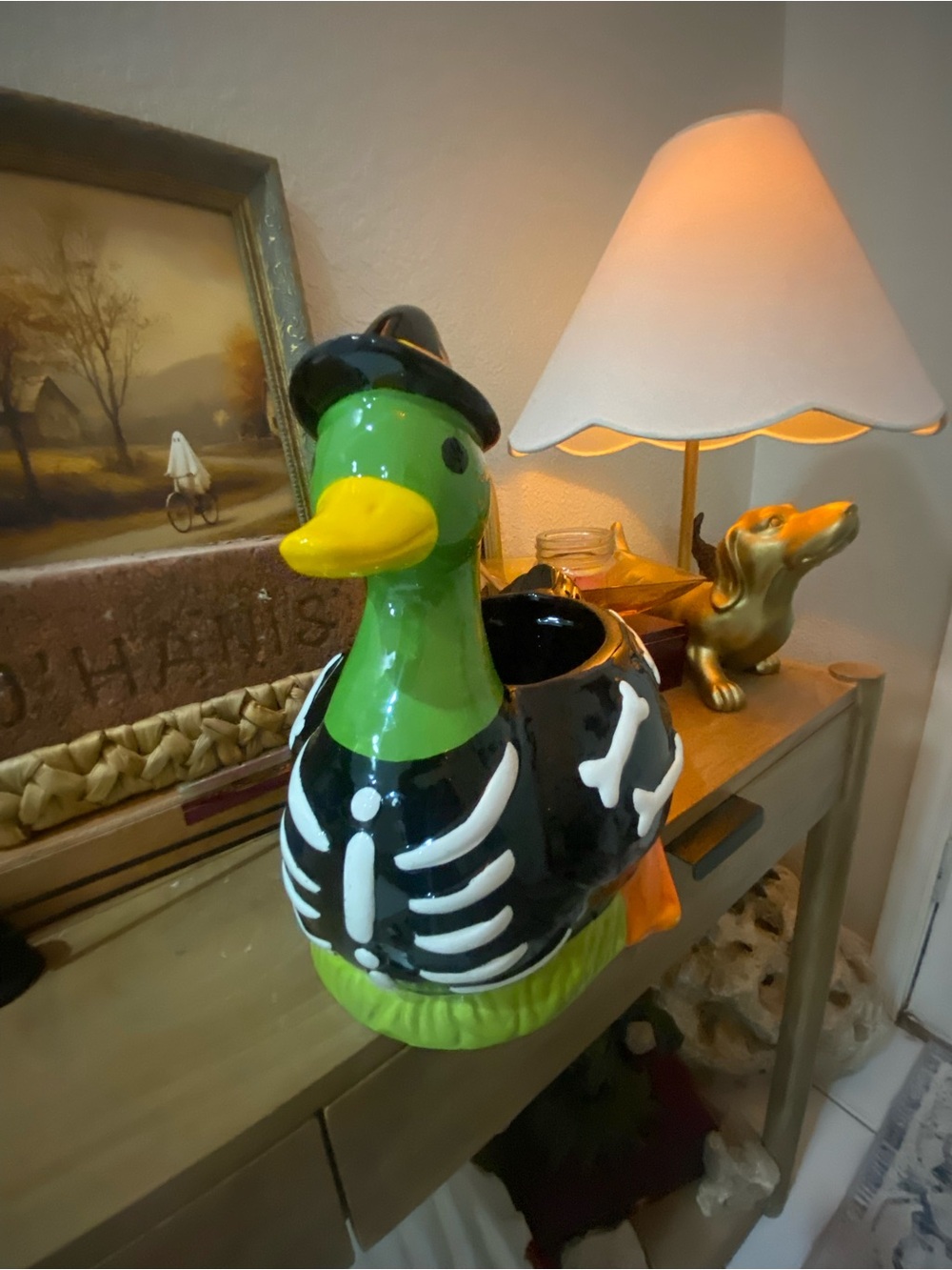 Halloween skeleton duck candy bowl